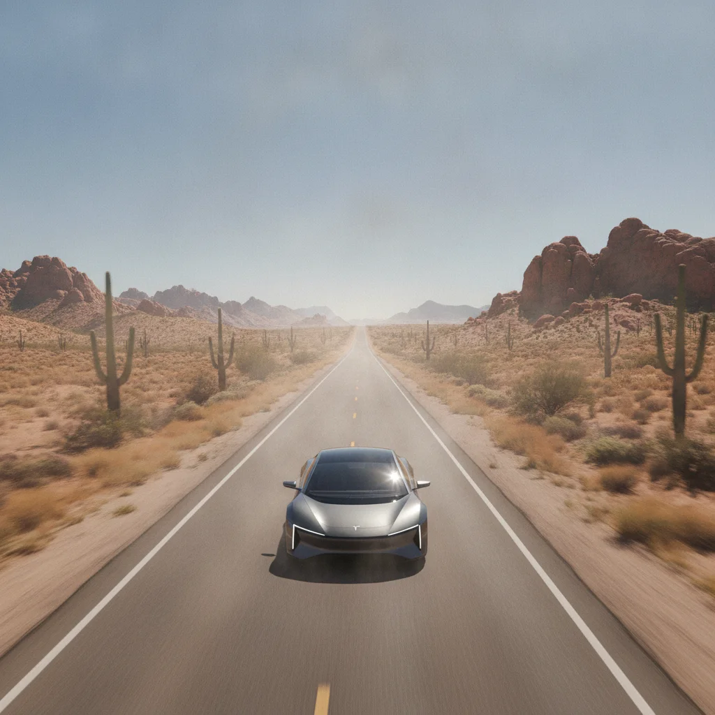 Electric vehicle driving on a hot desert highway with heat haze rising from the road surface