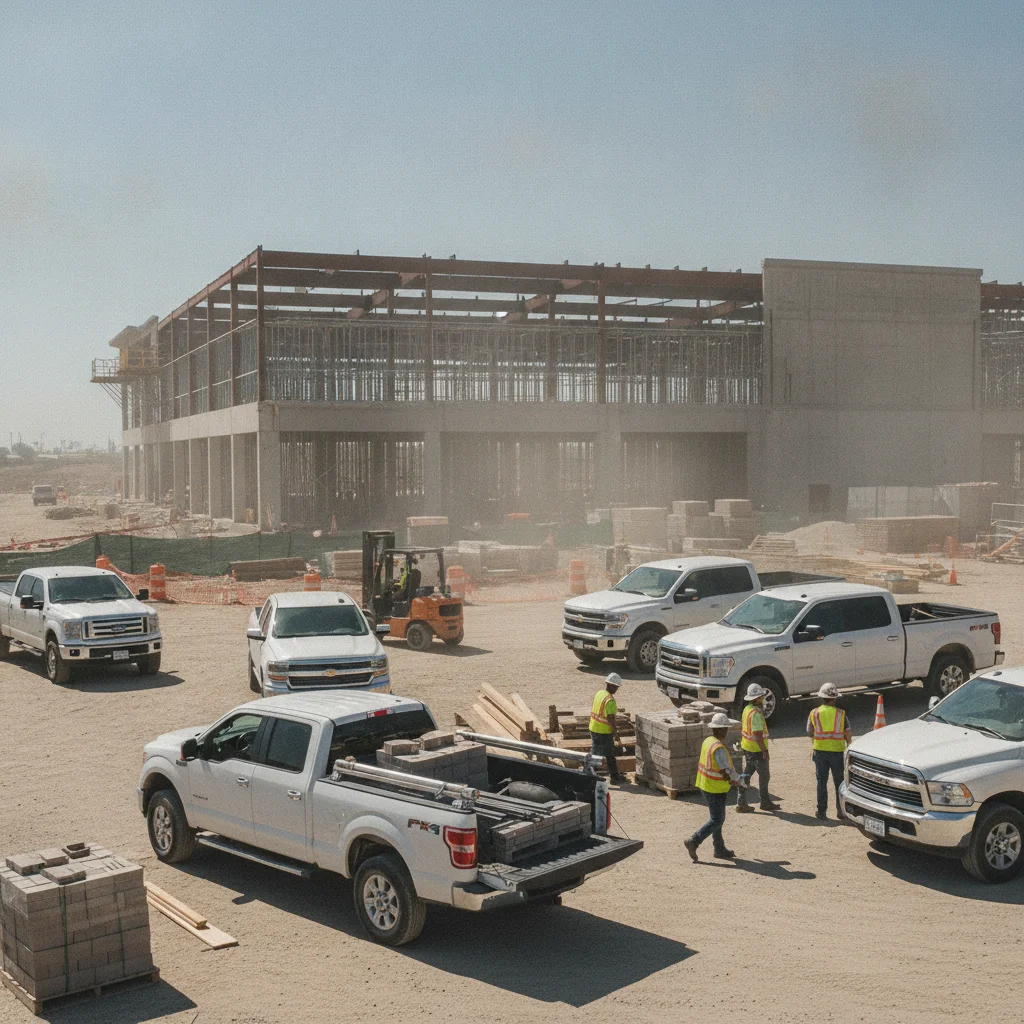 Multiple pickup trucks at a busy summer construction job site with workers unloading materials