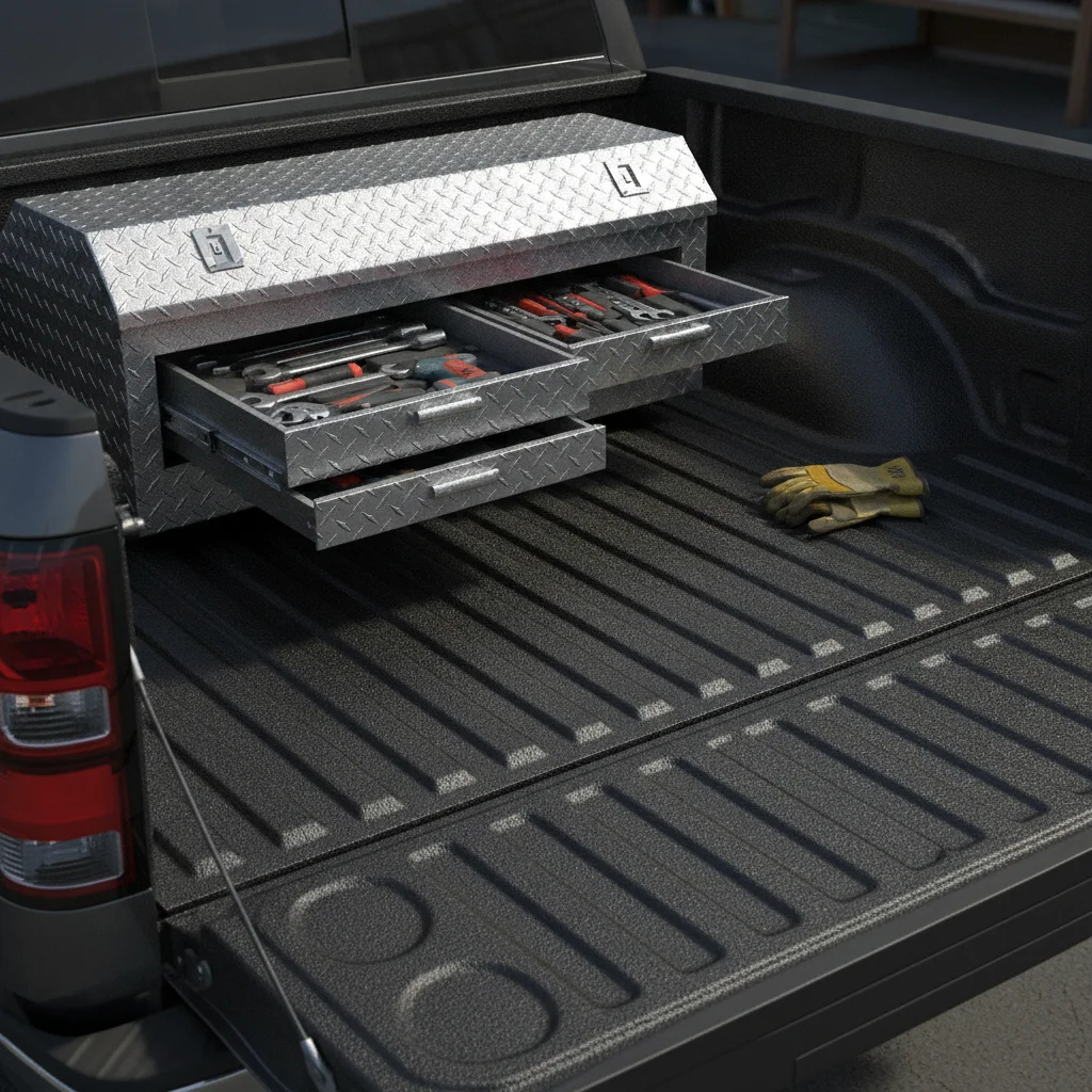 Clean pickup truck bed with spray-in liner and mounted toolbox ready for summer buyers