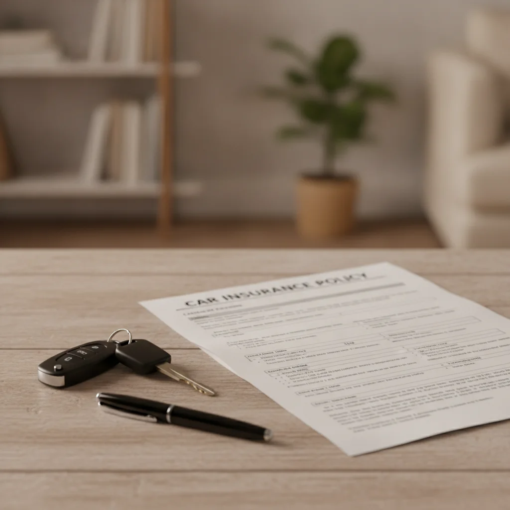 An auto insurance policy document on a desk alongside car keys and a pen