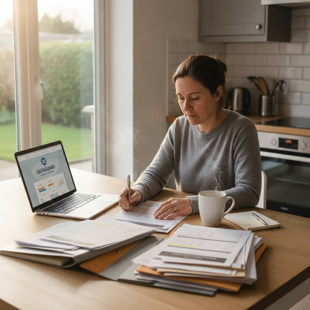 A person reviewing auto insurance paperwork at a kitchen table with a laptop open