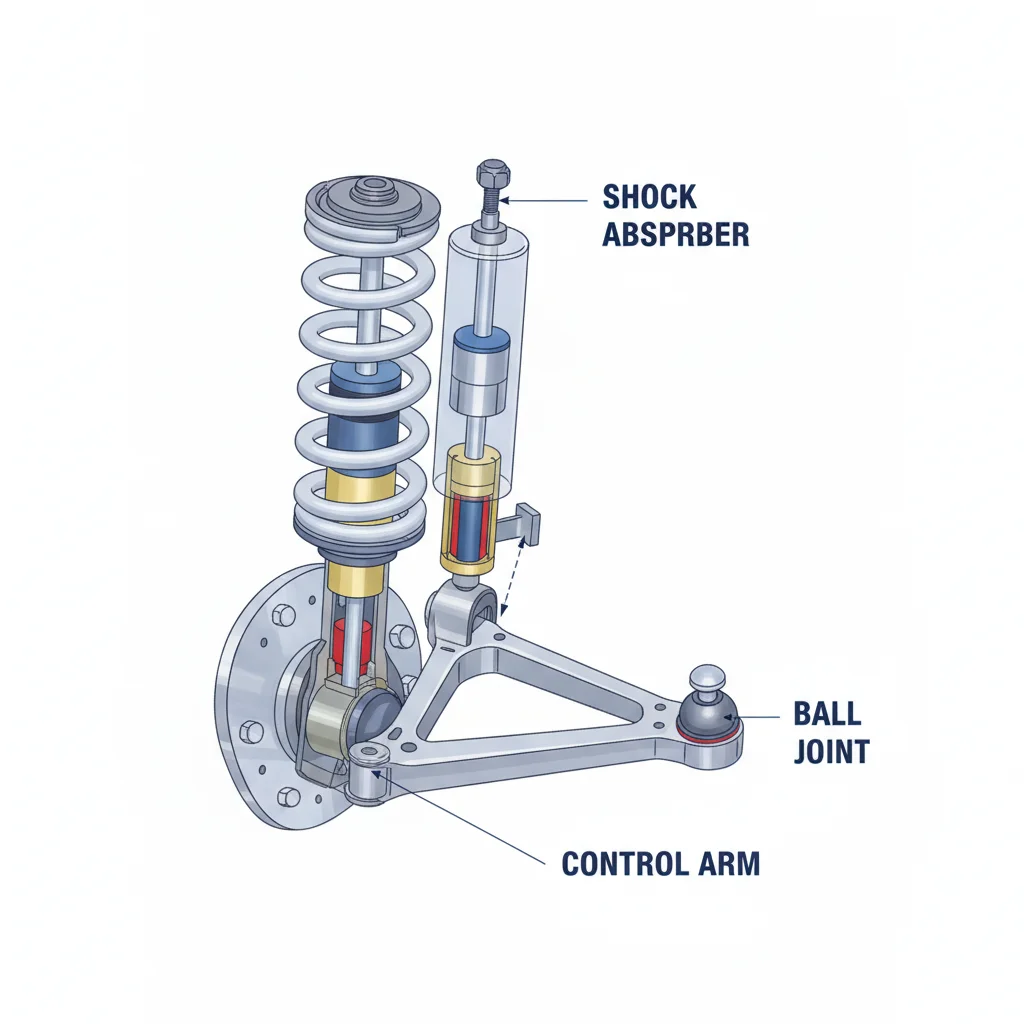 Labeled diagram of a car suspension system showing coil spring, shock absorber, ball joint, and control arm