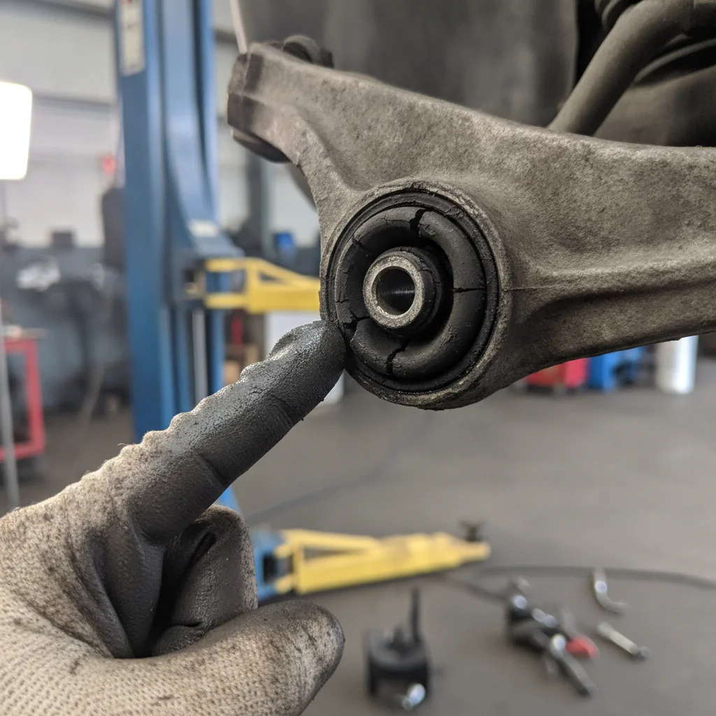 Mechanic pointing to a cracked and deteriorated rubber bushing on a car control arm