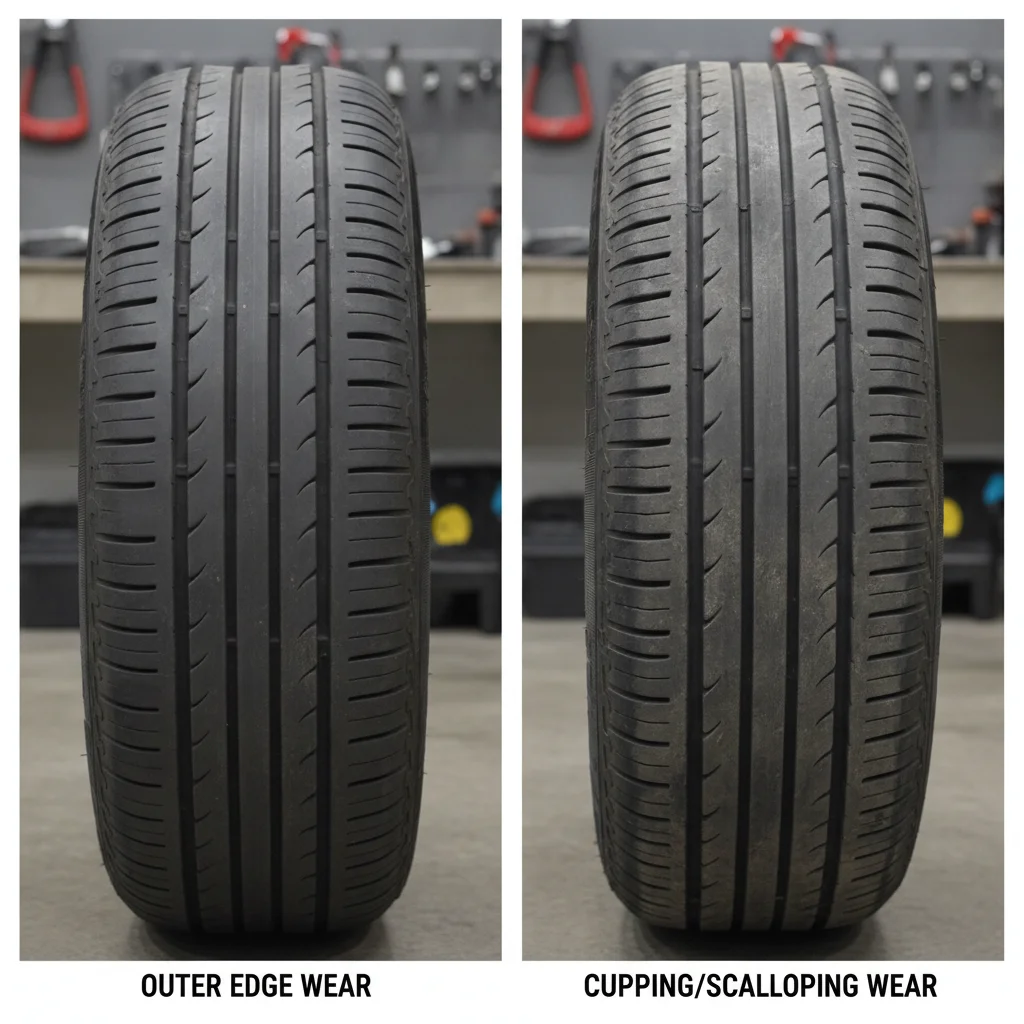 Two tires side by side showing contrasting wear patterns — outer edge wear versus cupped scalloped wear