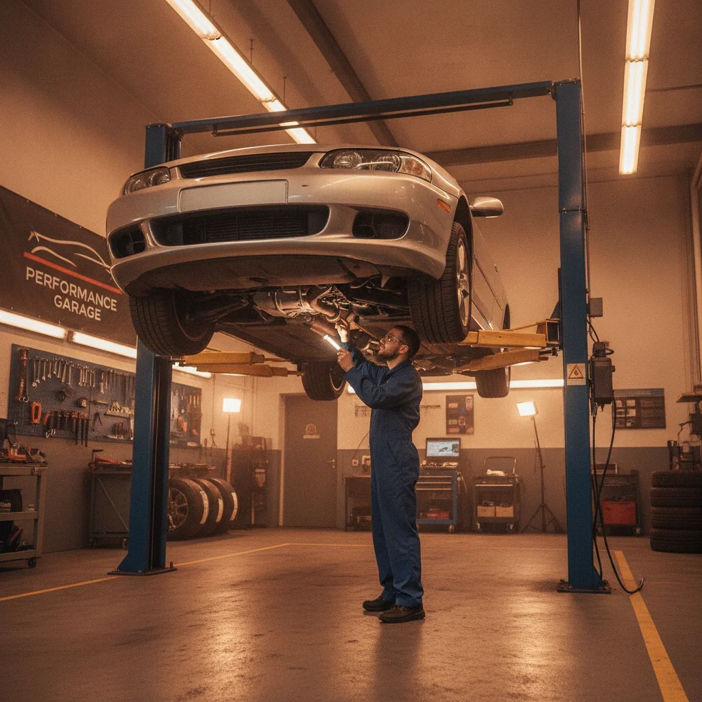 Technician inspecting the underside of a raised vehicle on a hydraulic lift in an auto repair shop
