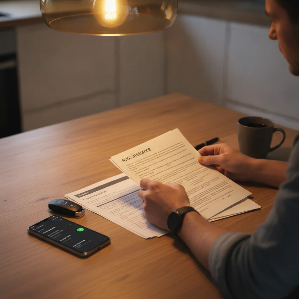 Person reviewing auto insurance paperwork next to an electric vehicle key fob and smartphone.