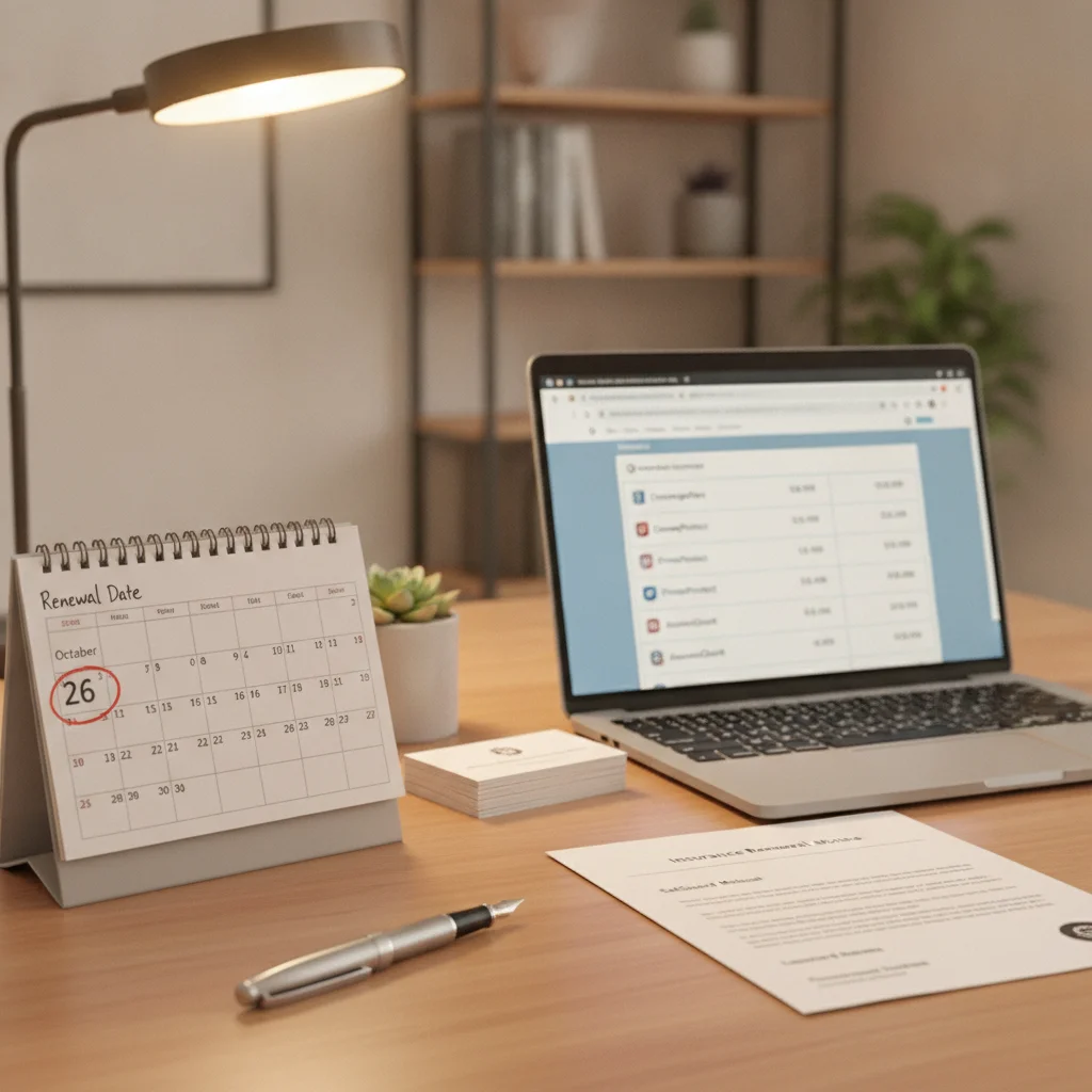 A desk with a circled renewal date on a calendar, a renewal notice, and insurance comparison quotes on a laptop screen.