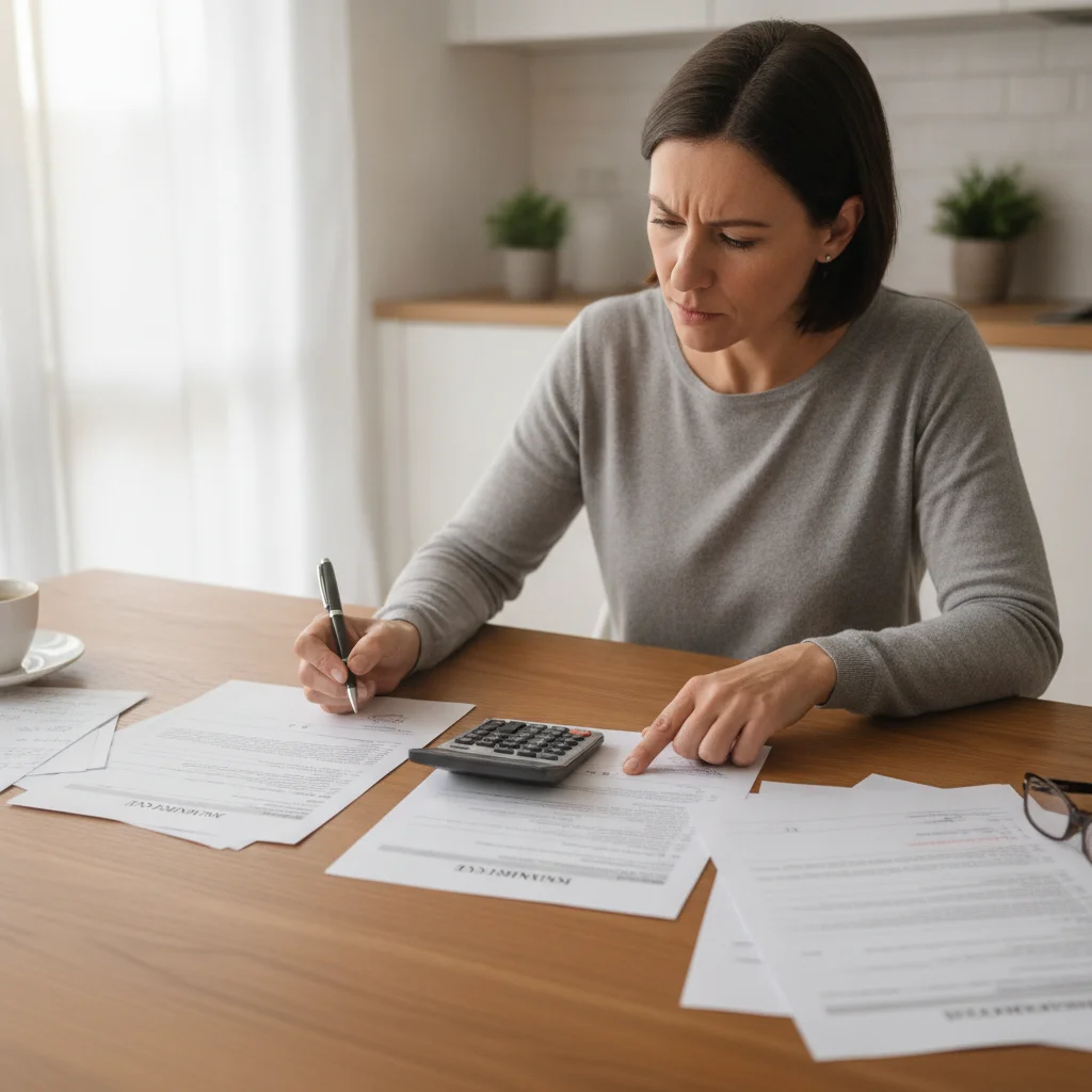 A person comparing two auto insurance policy documents at a kitchen table with a calculator and pen.
