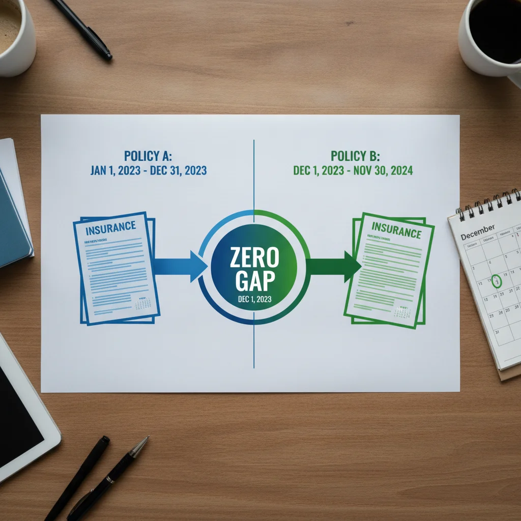 A visual timeline showing the overlap between two auto insurance policies with a zero-gap handoff date clearly marked.