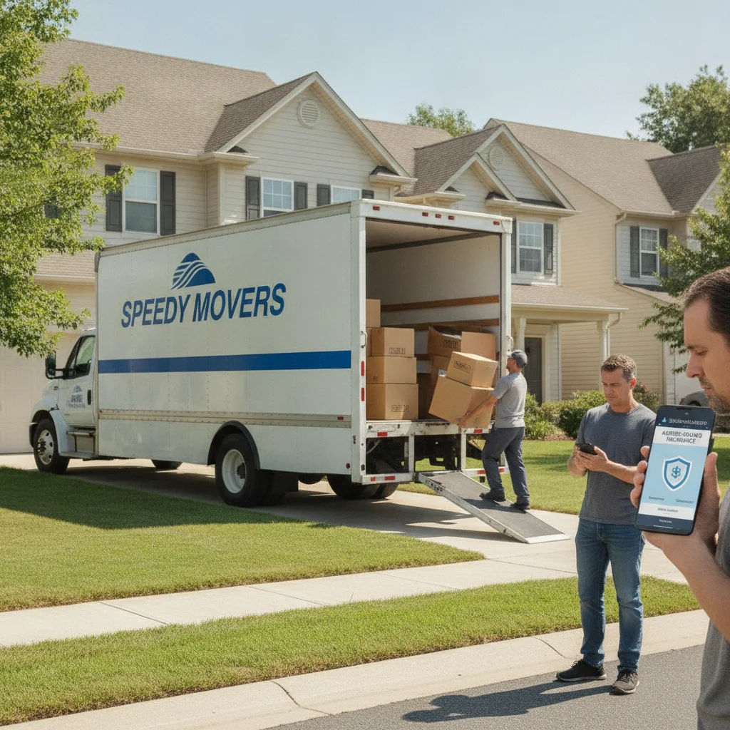 A person checking auto insurance options on a smartphone in front of a moving truck, representing a relocation-triggered policy switch.