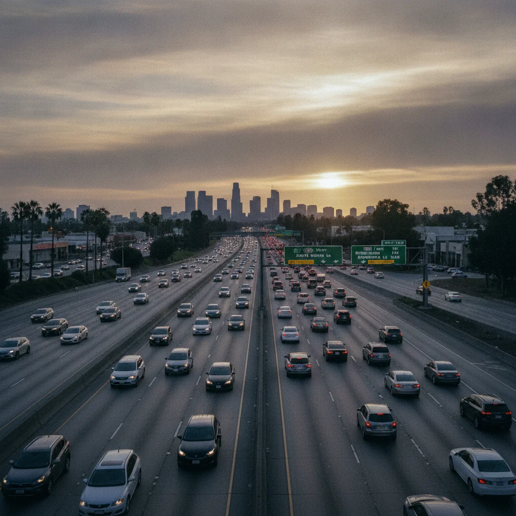 Wide-angle view of a busy American freeway at dusk showing multiple lanes of traffic with varying following distances