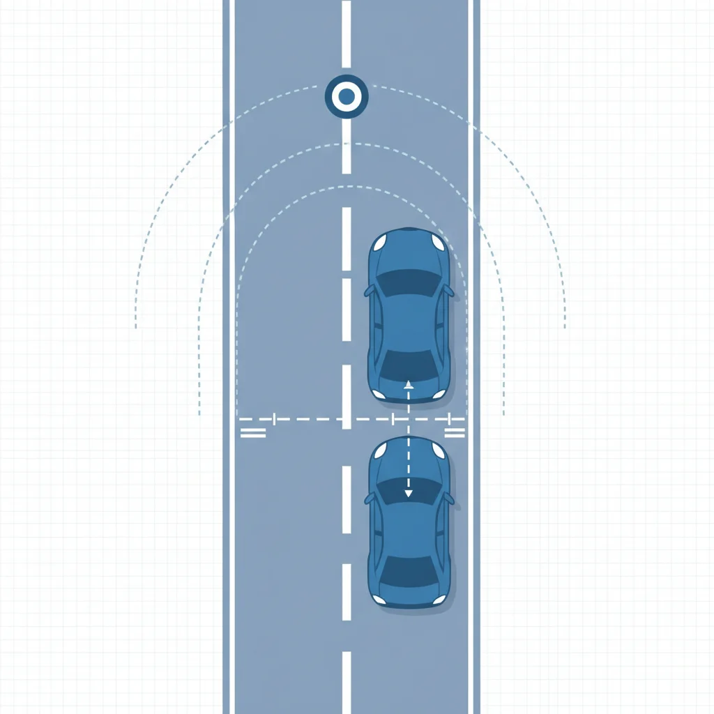 Overhead diagram illustrating the stopping distance gap required between two vehicles on a road