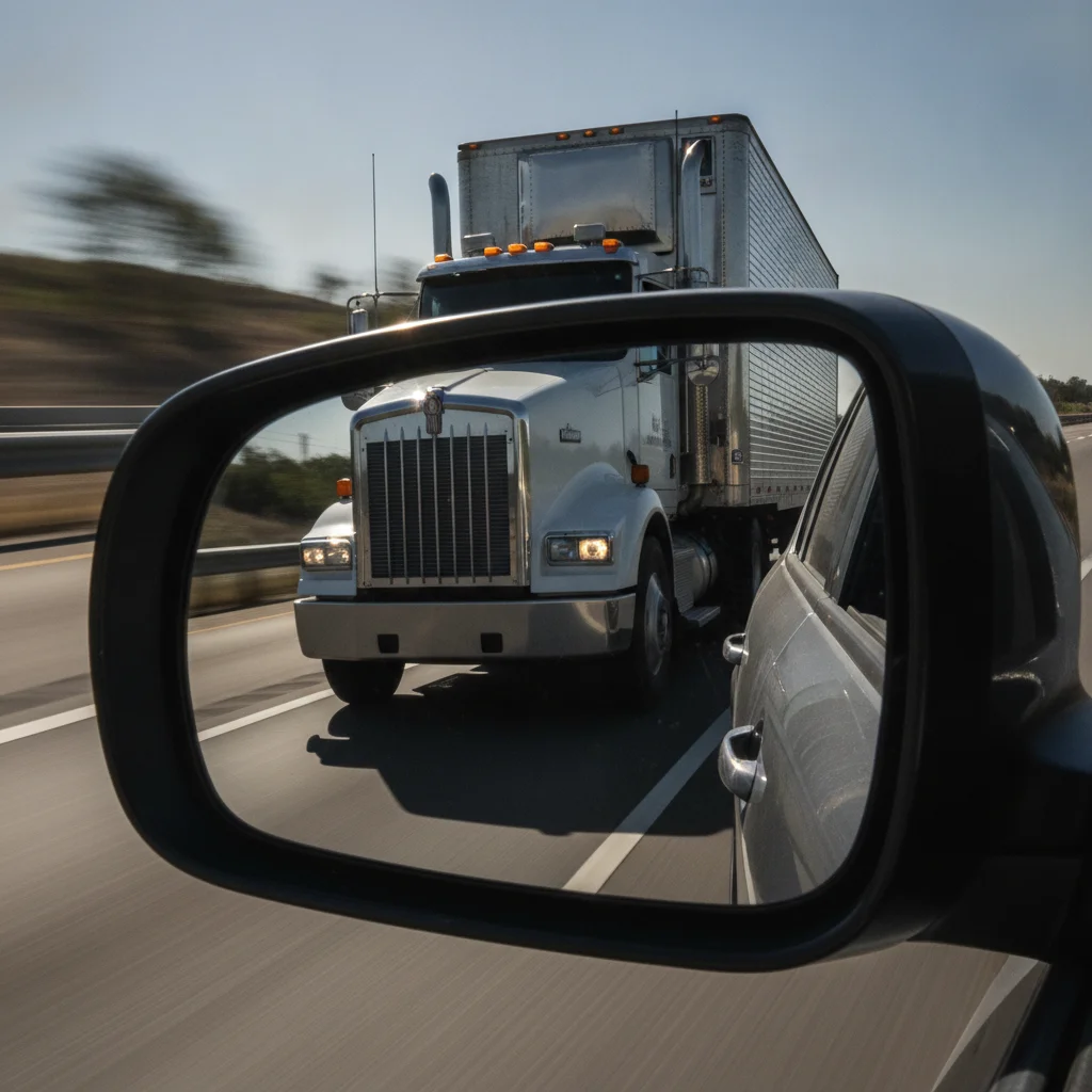 Side mirror view of a large commercial truck following closely behind a passenger car on a highway