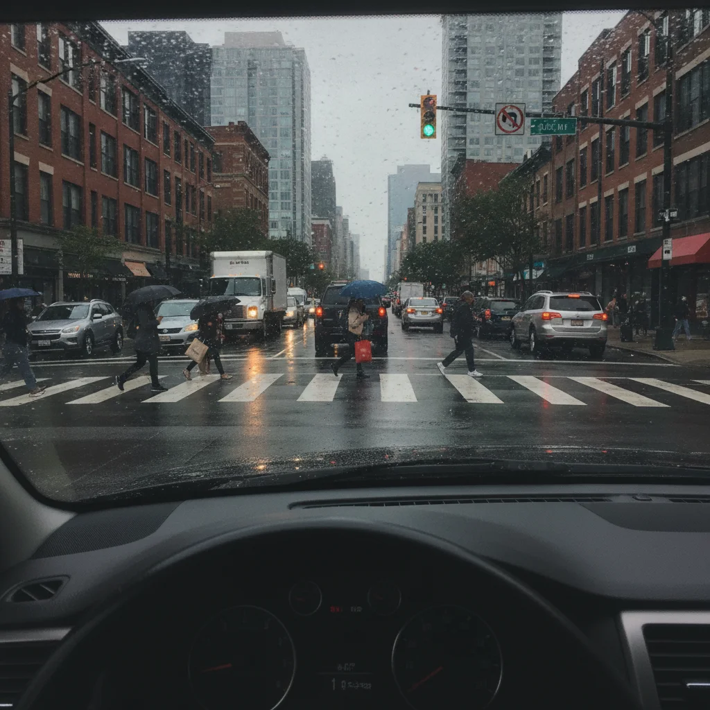 Driver's perspective view of stop-and-go city traffic with vehicles close ahead and pedestrians at a crosswalk