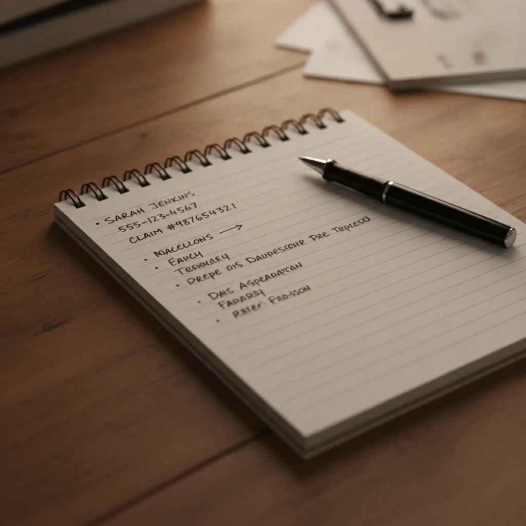 Handwritten notes on a notepad with insurance adjuster contact details and claim number