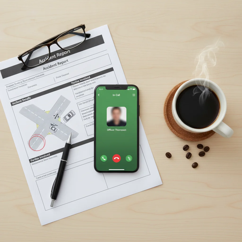 Phone call in progress next to a printed accident report and coffee cup on a desk