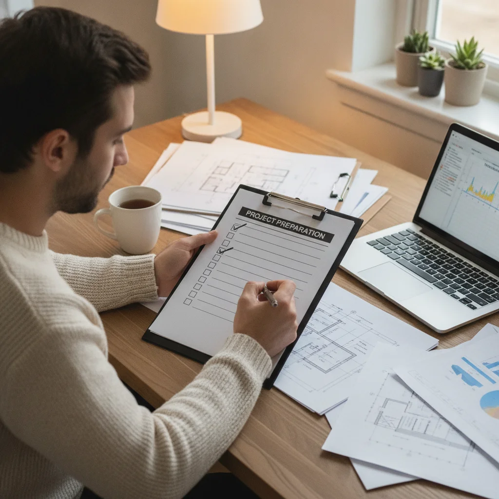 Person reviewing a pre-call checklist on a clipboard with insurance documents nearby