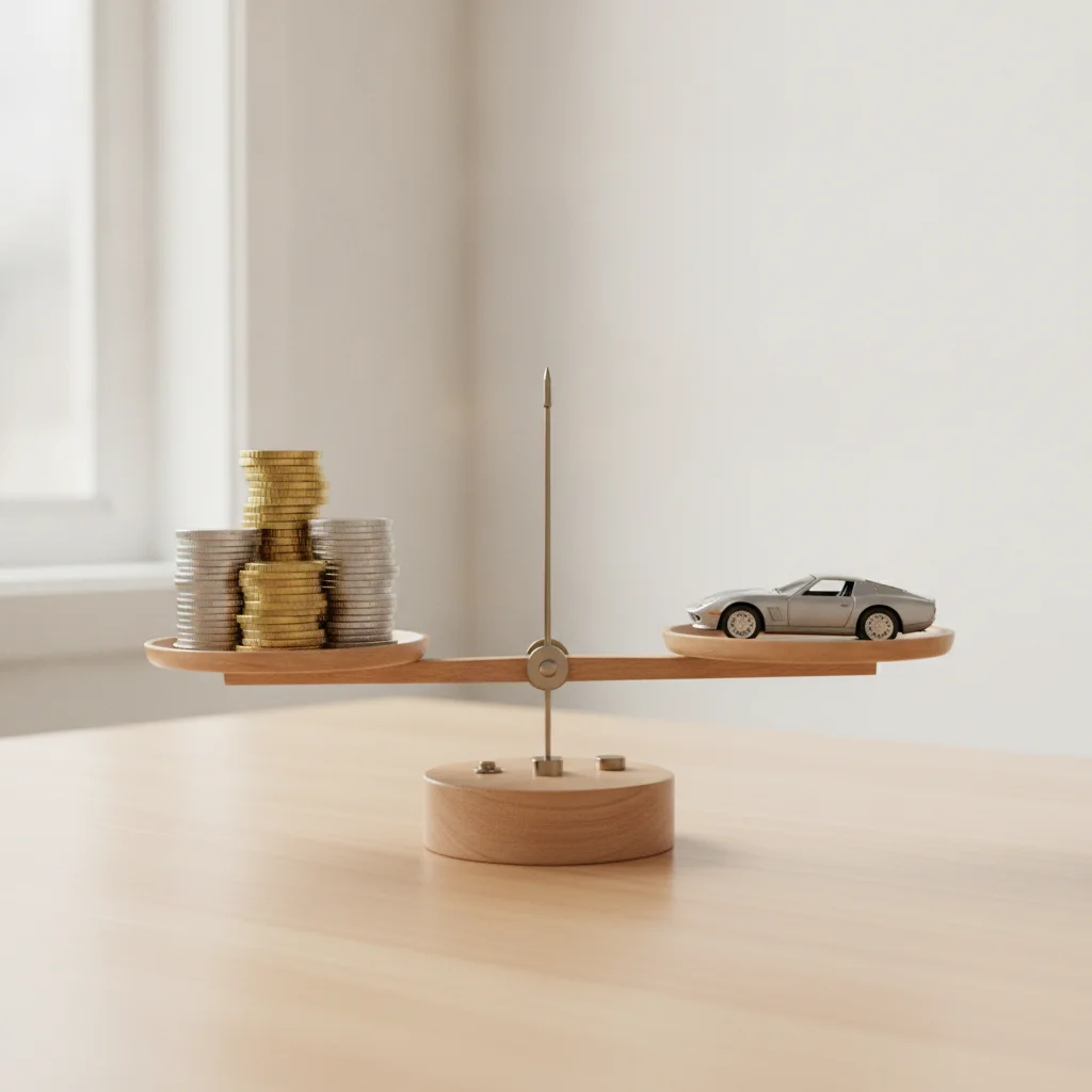A balance scale weighing coins against a miniature car representing the down payment trade-off decision