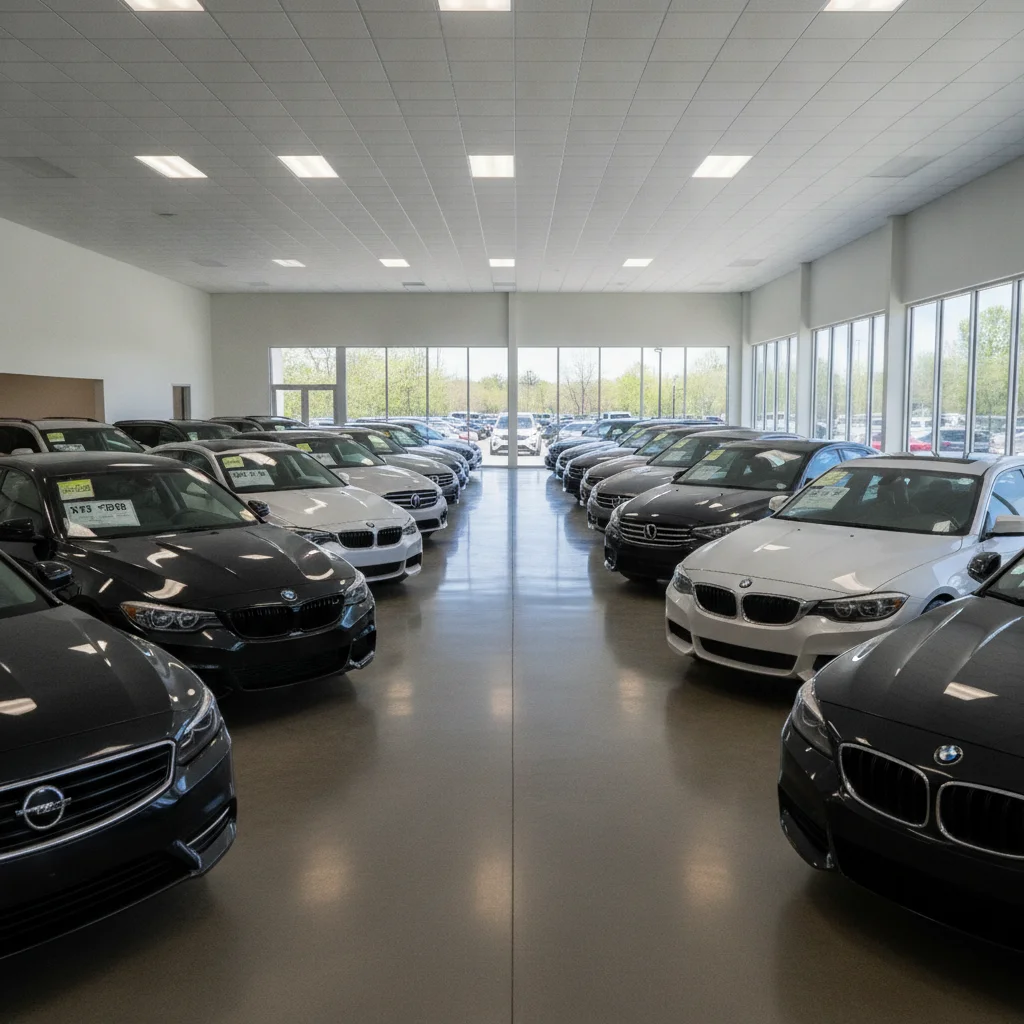 Car dealership showroom interior with rows of used vehicles displaying price stickers on windshields