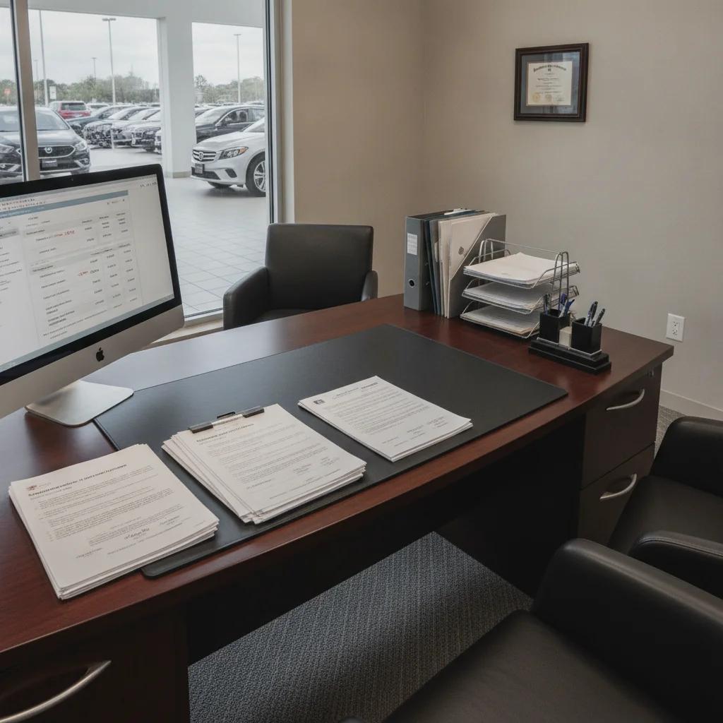 Car dealership finance and insurance office desk with loan paperwork, computer screen, and pens
