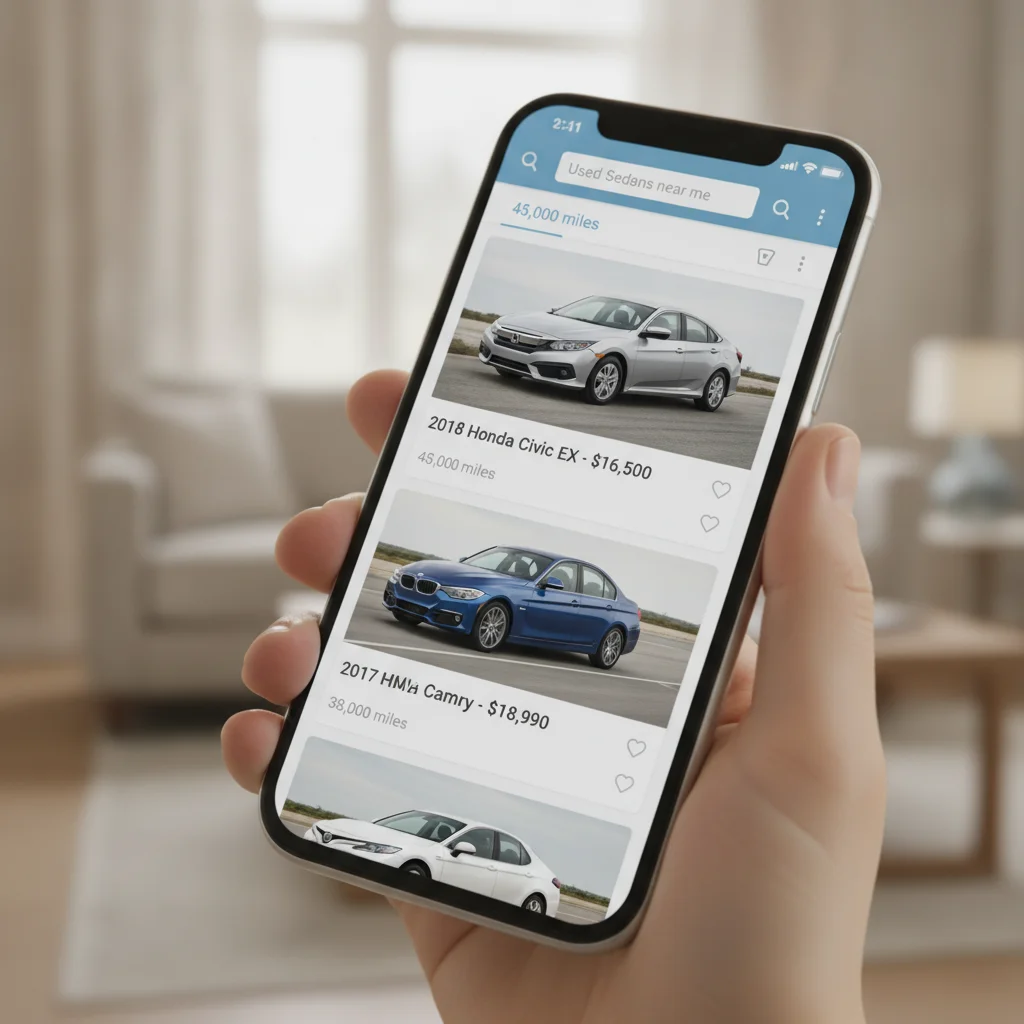 A smartphone screen showing a used car listing app with multiple vehicle results