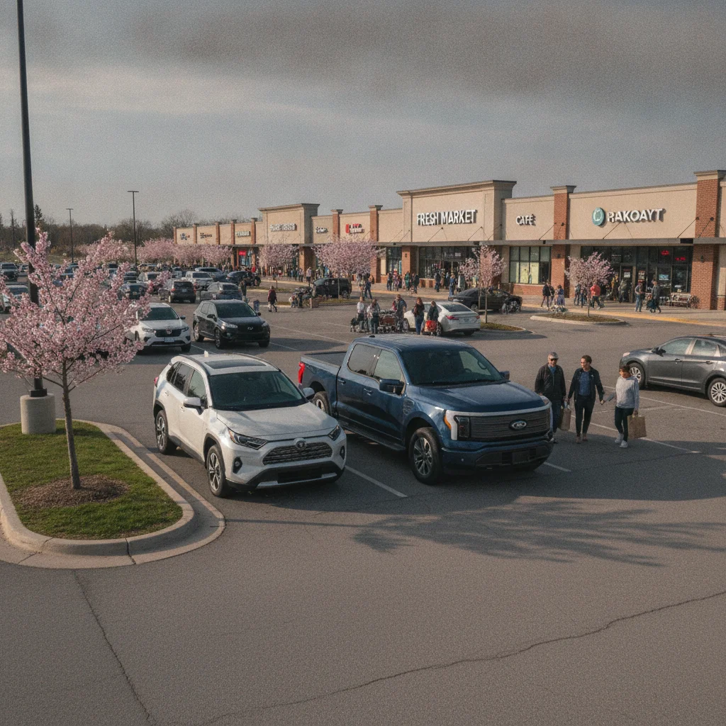 A compact SUV and pickup truck parked side by side on a bright spring day