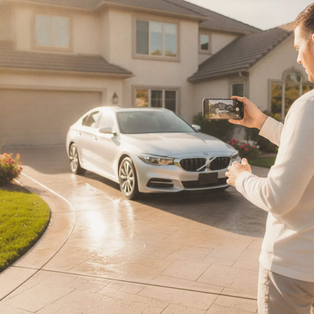 A person photographing a silver sedan with a smartphone for a private car sale listing