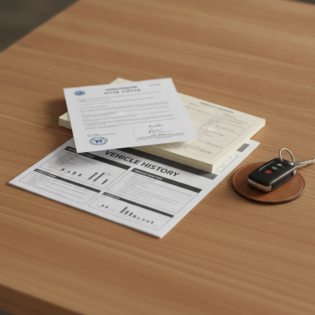 Vehicle title, maintenance records, and a printed vehicle history report organized on a table with car keys