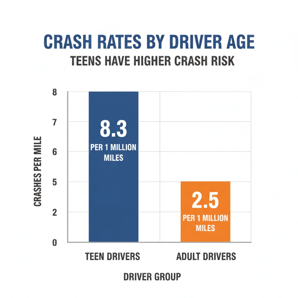Bar chart comparing crash rates per mile driven for teen versus adult drivers in the United States