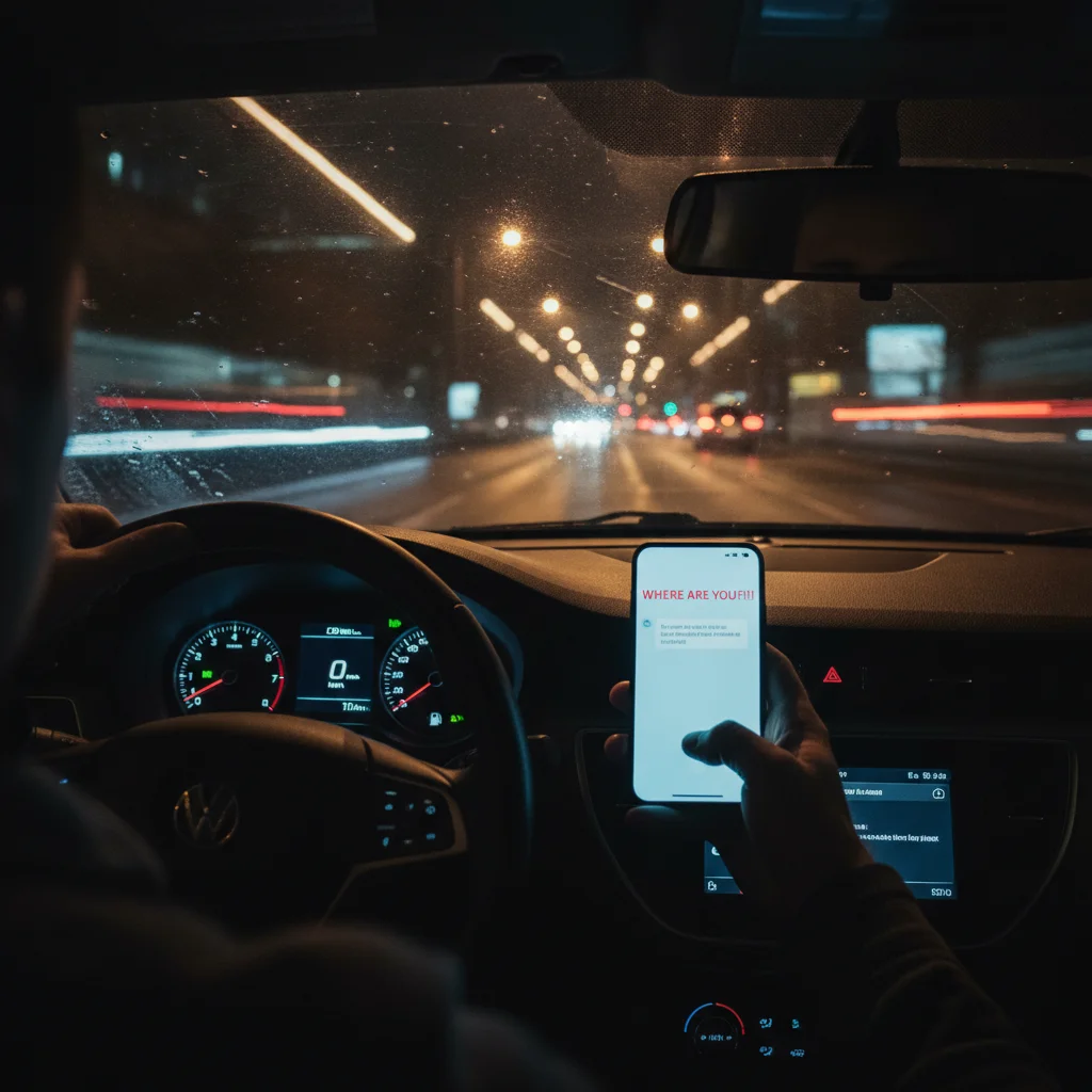 A glowing smartphone sitting in a car's center console during nighttime driving