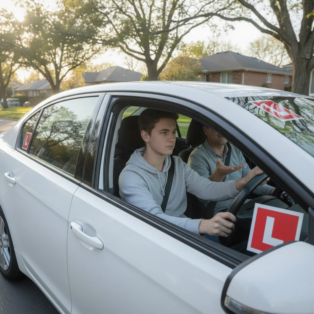 A parent supervising a teen learner driver during a daytime practice session on a suburban street
