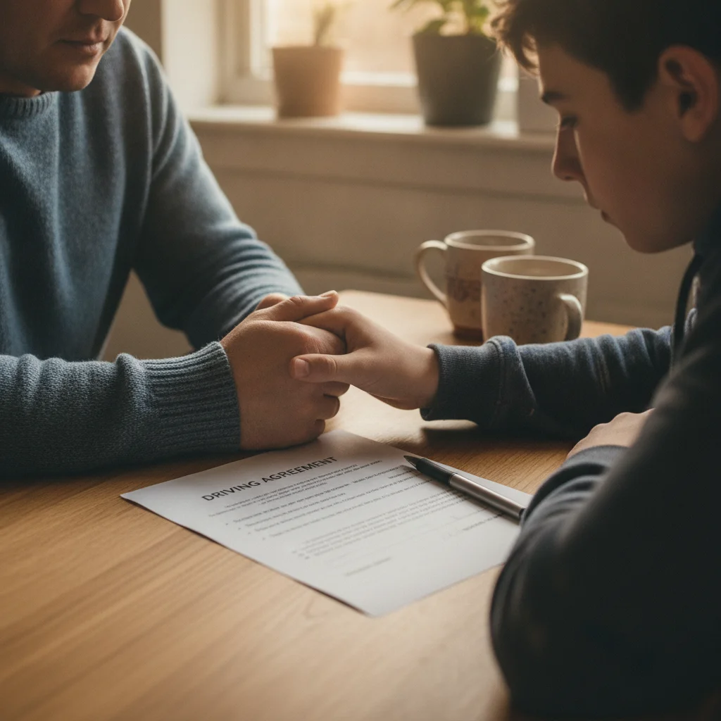 Parent and teen reviewing a driving agreement document at a kitchen table