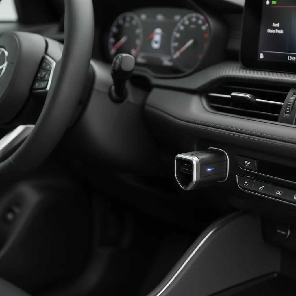 OBD-II telematics plug-in device inserted into a car dashboard diagnostic port