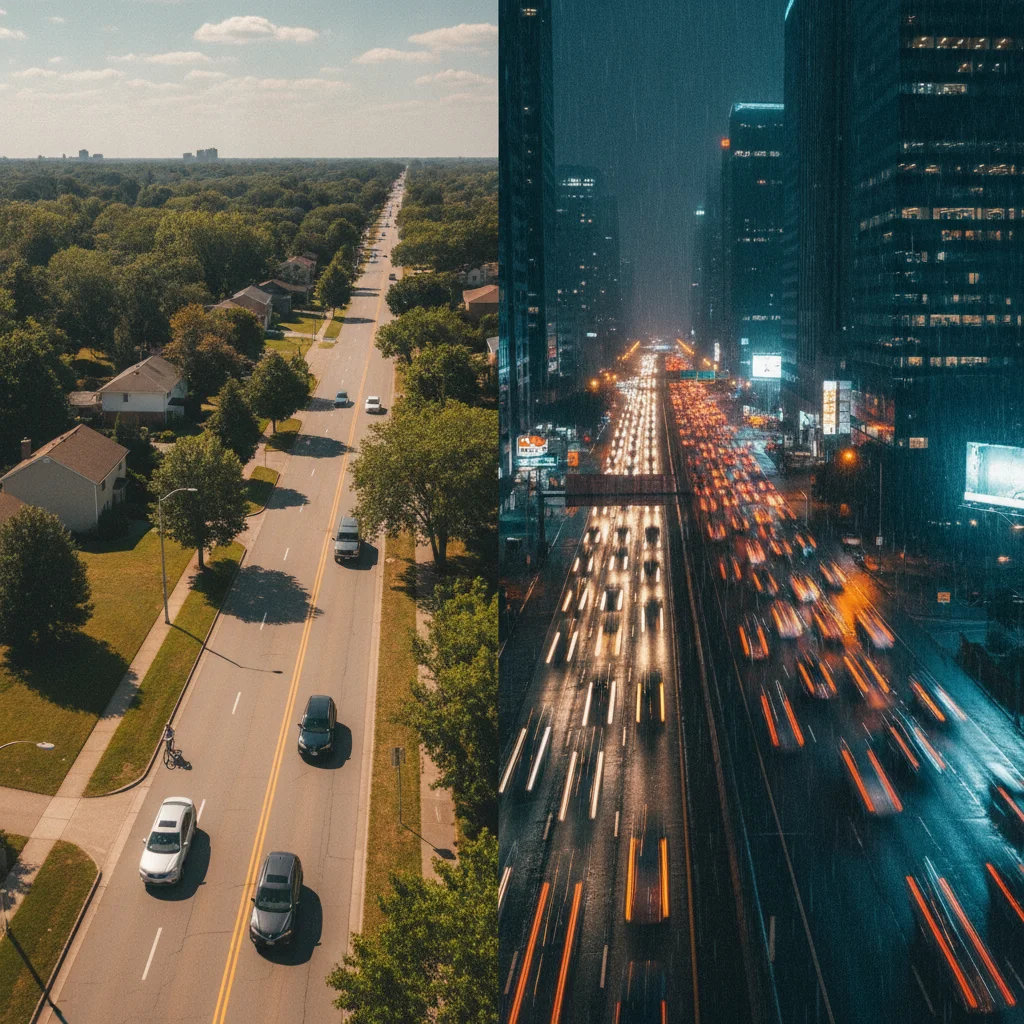 Split image comparing calm suburban daytime driving with congested nighttime urban highway driving