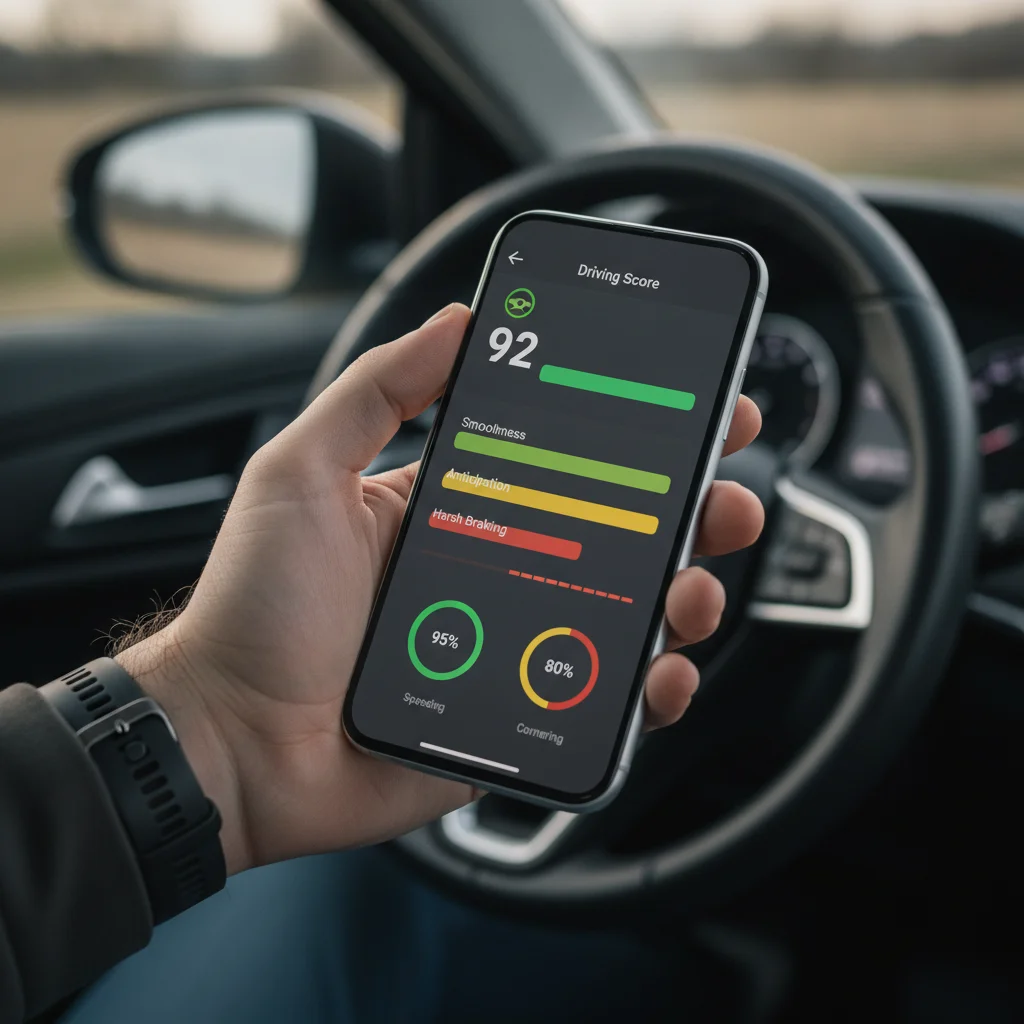 Hand holding smartphone showing a telematics driving score dashboard with color-coded performance metrics
