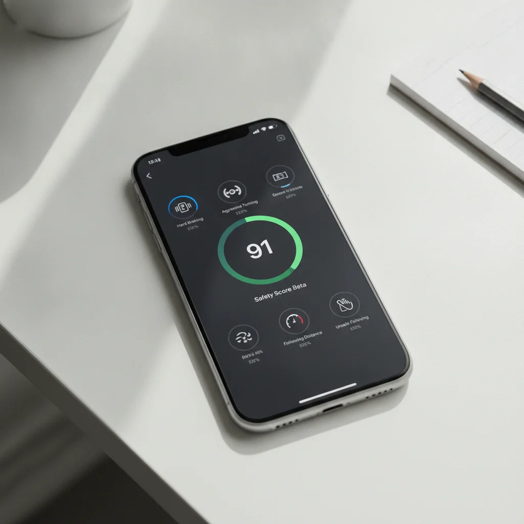 Tesla app displaying a Safety Score of 91 with driving behavior metrics on a smartphone screen
