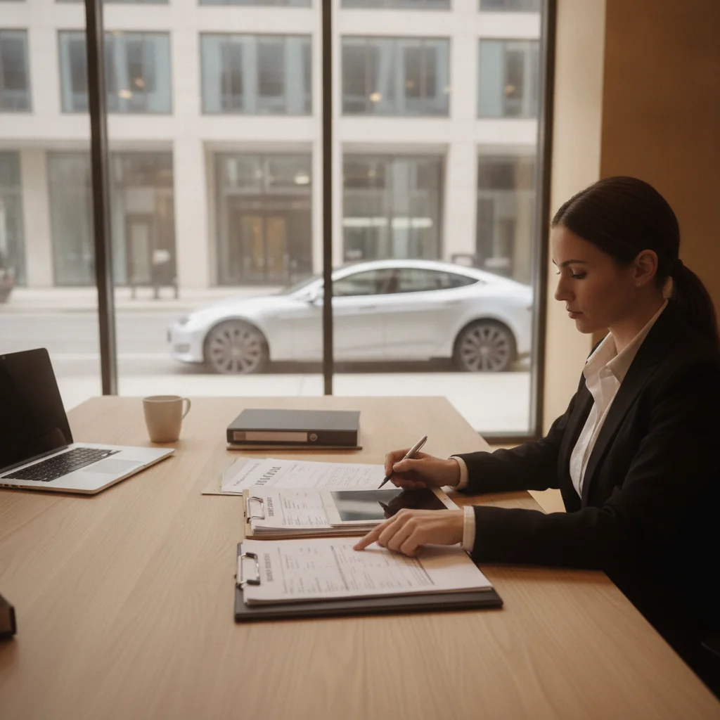 Insurance agent reviewing policy documents with a Tesla car visible through office window in background