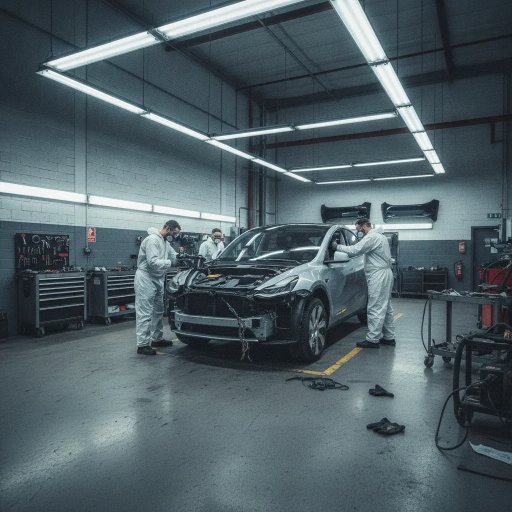 Tesla Model Y undergoing collision repairs inside an automotive body shop with technicians working