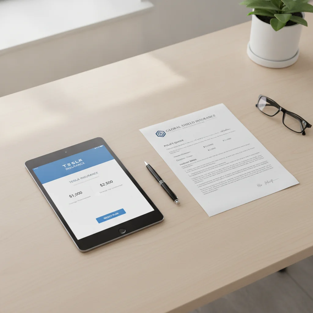Tesla insurance quote on a tablet placed beside a traditional insurance policy quote on paper for comparison