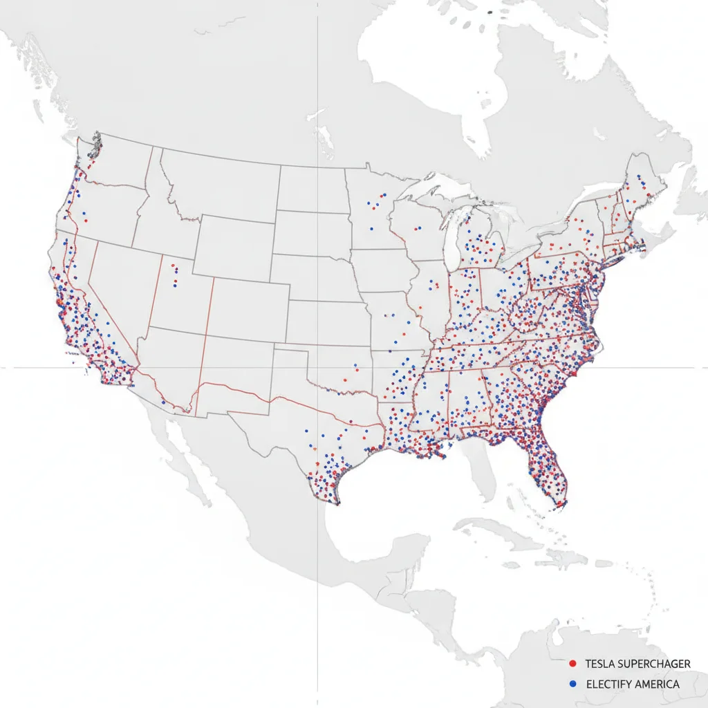 Map of the continental US showing Tesla Supercharger and Electrify America station coverage density along highways