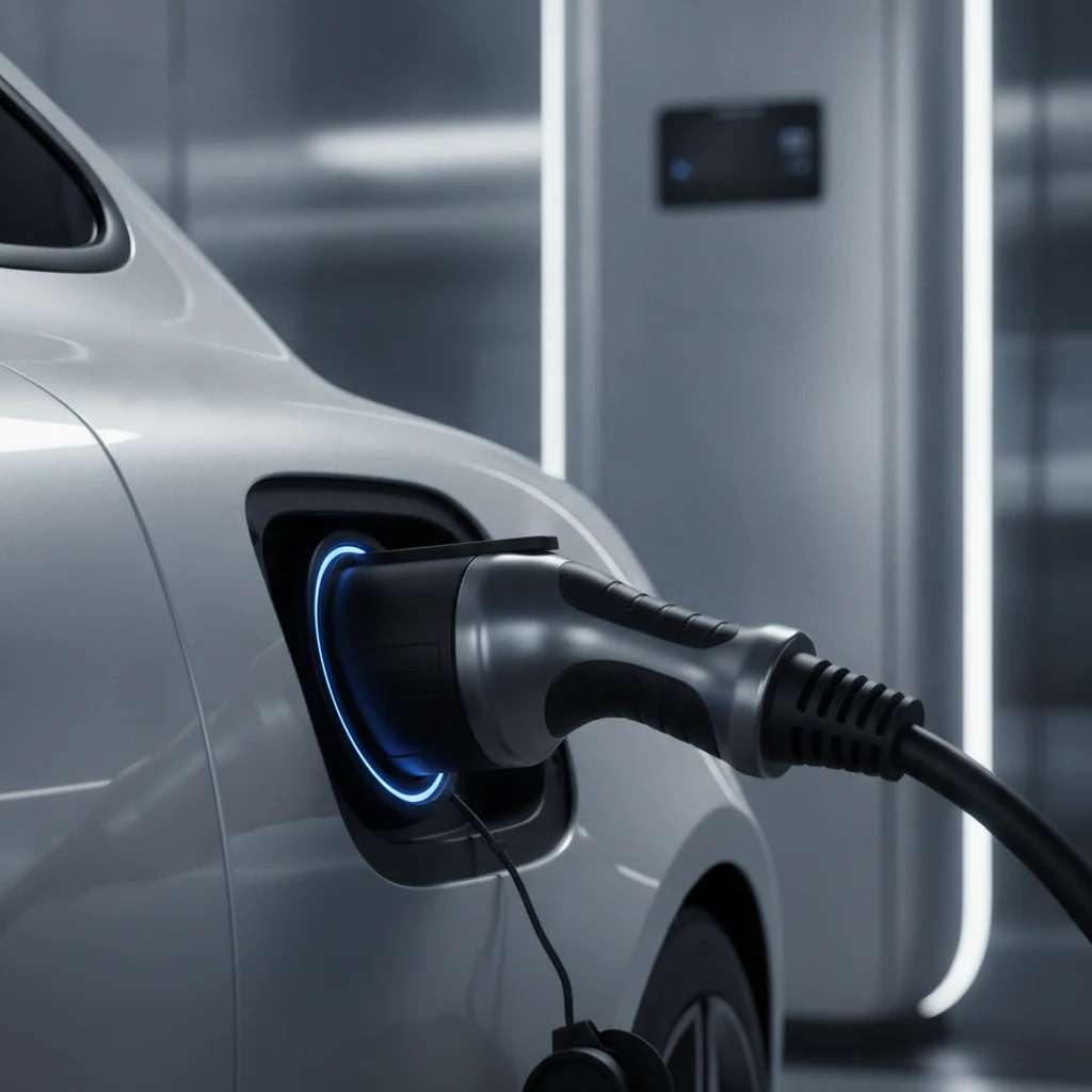 Electric vehicle DC fast charger connector being inserted into a car's charging port at a public station