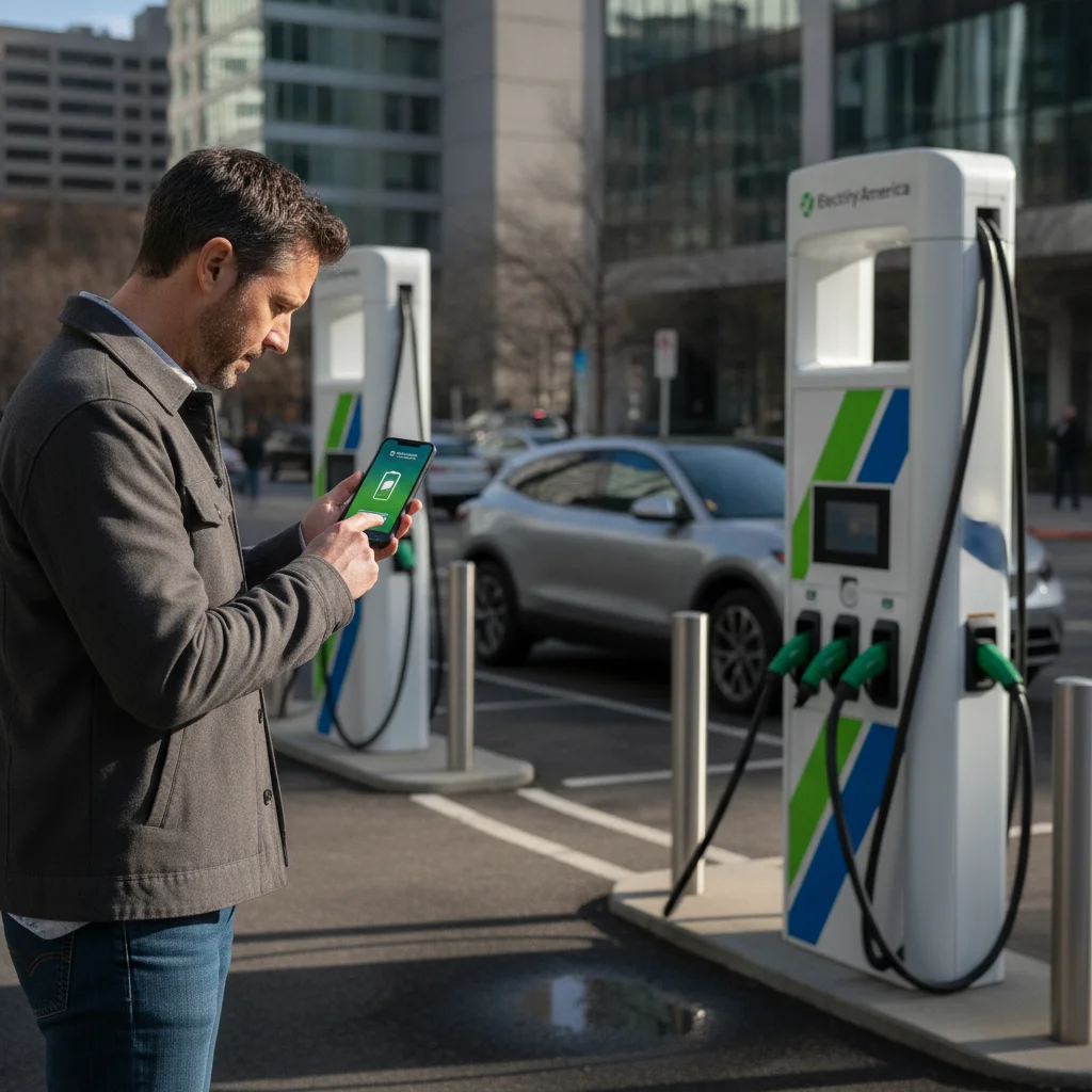 EV driver using a mobile app to start a charging session at a public fast-charging station