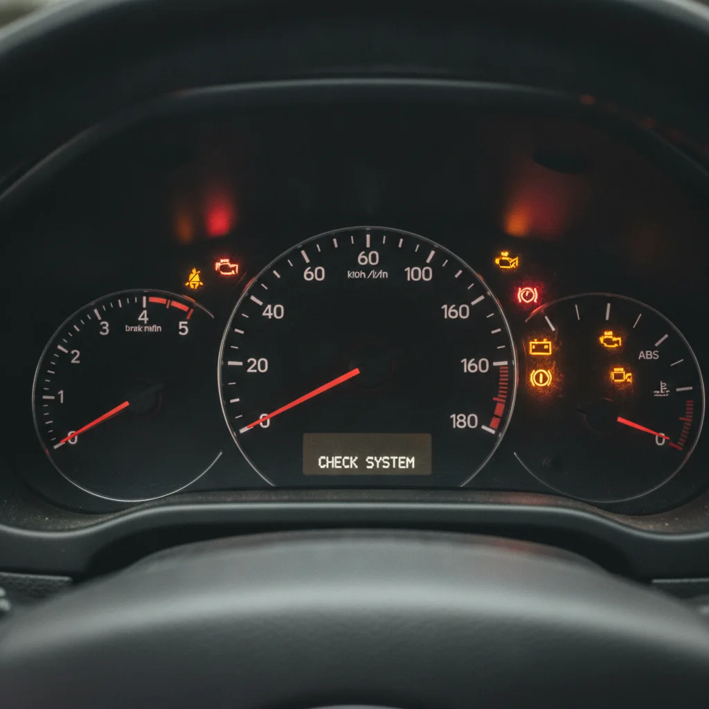Car dashboard with warning lights illuminated during engine startup check