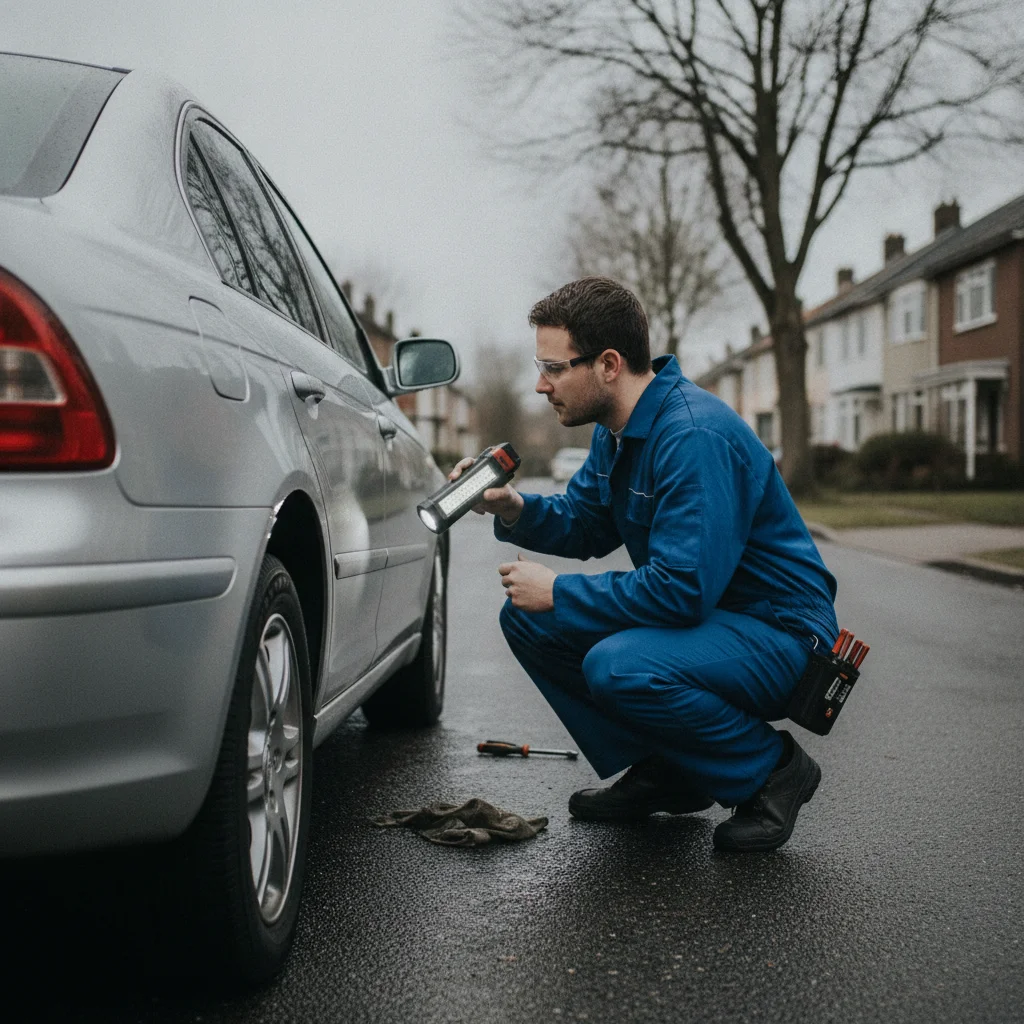 Person shining a flashlight under a used car checking for fluid leaks after a test drive