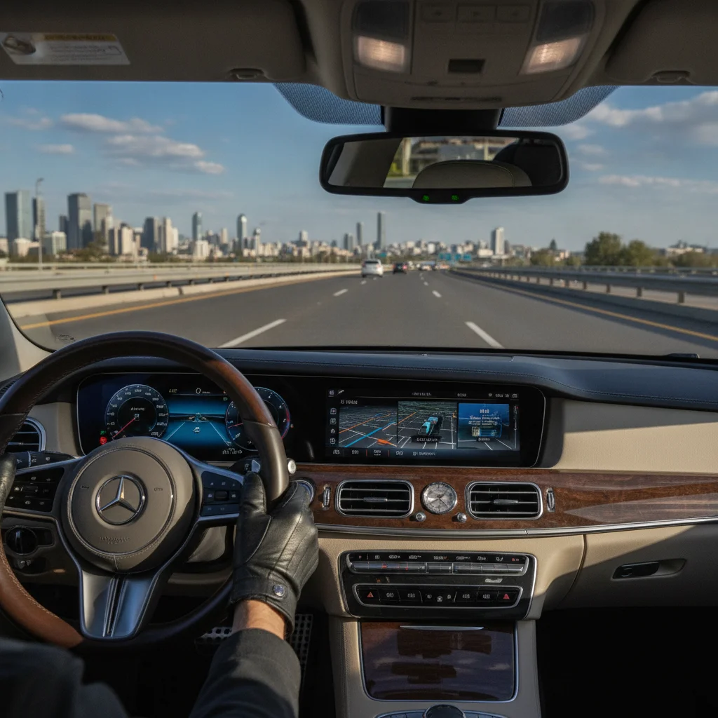 Driver's perspective from inside a car approaching a highway on-ramp from an urban street