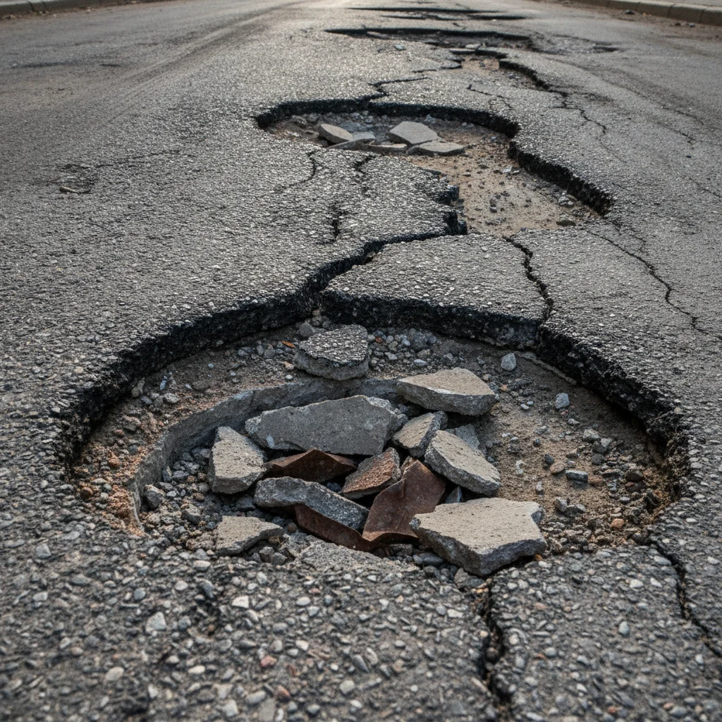 Close-up of cracked urban road pavement with potholes that reveal suspension wear