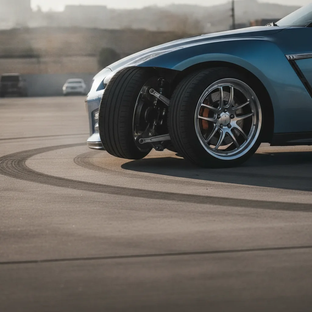 Car executing a tight full-lock turn in a parking lot to test CV joints and steering