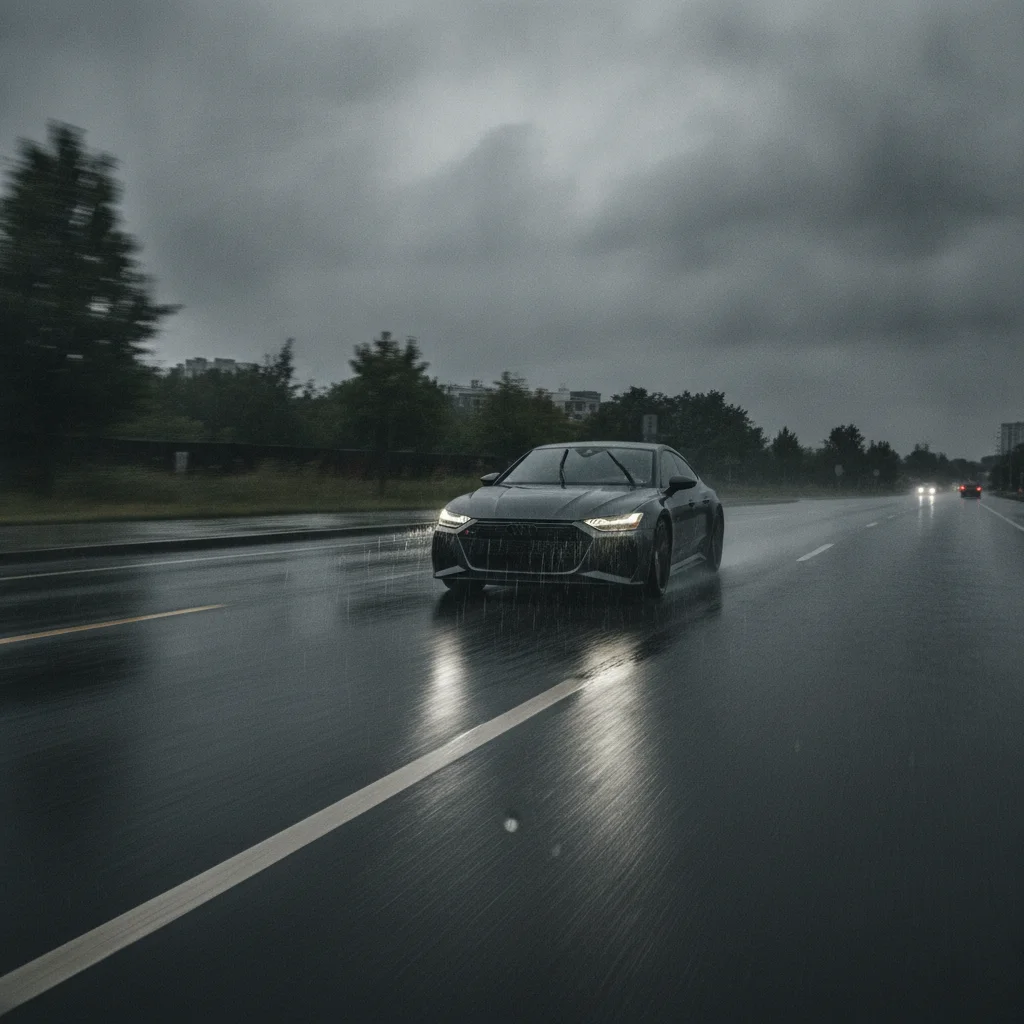 Car driving on wet rain-slicked road in overcast weather showing real-world test conditions