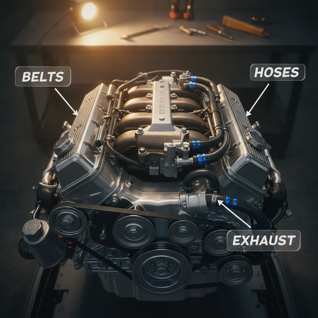 Overhead view of a car engine bay showing belts, hoses, and exhaust manifold components