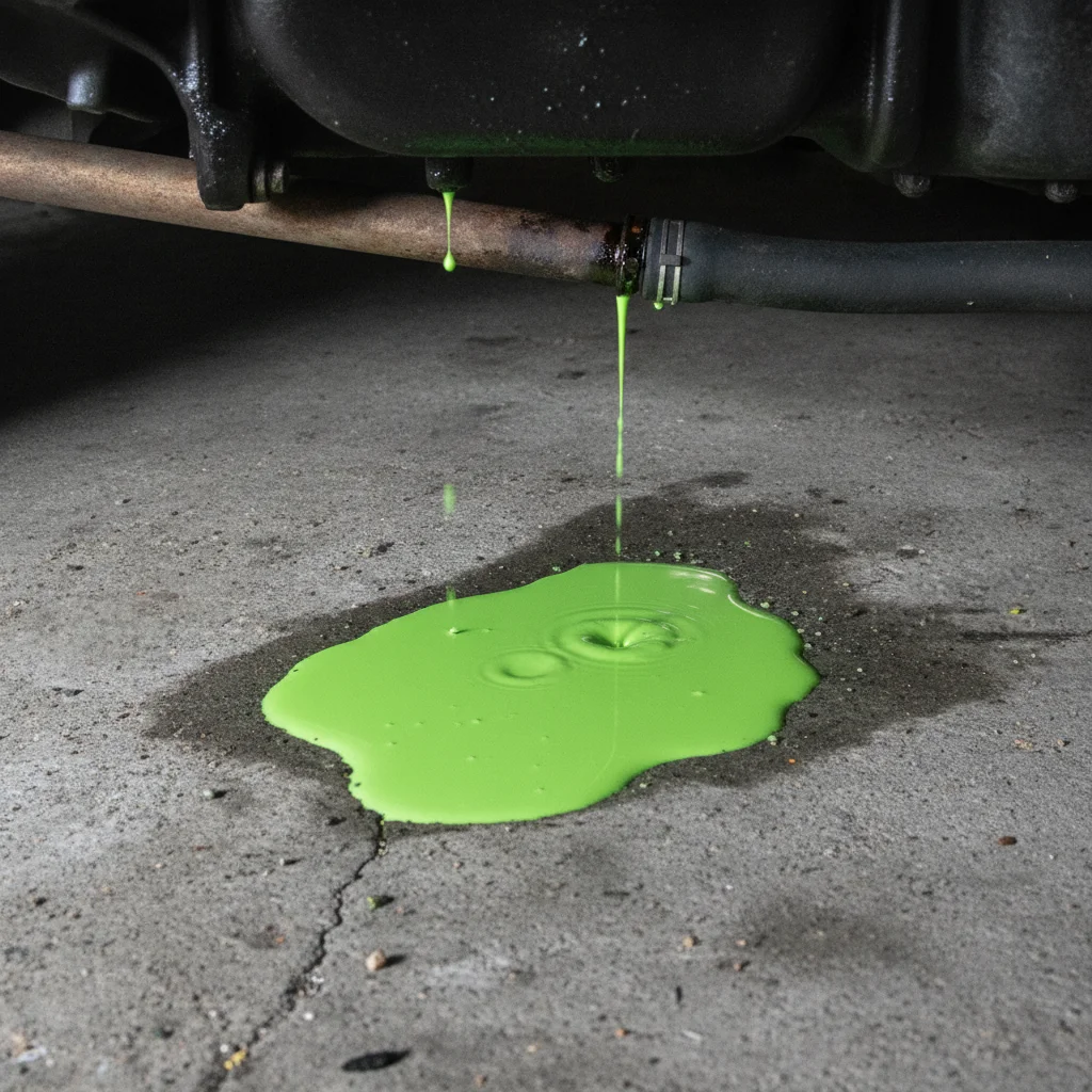 Bright green engine coolant pooling on a concrete garage floor beneath a car